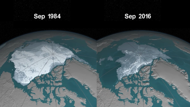 This illustrates how much the ice caps have melted over the past few decades. NASA has a simulation that displays the melting of the polar ice caps. Melting of polar ice caps are the result of climate change effects. The Ecolobrium Project is trying to slow down climate change effects like this.